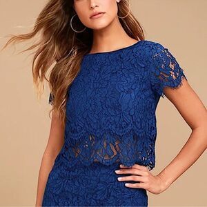 Lulus Heartbeats Blue Eyelash Trim Tiered Lace Blouse Crop Top ONLY Size XL